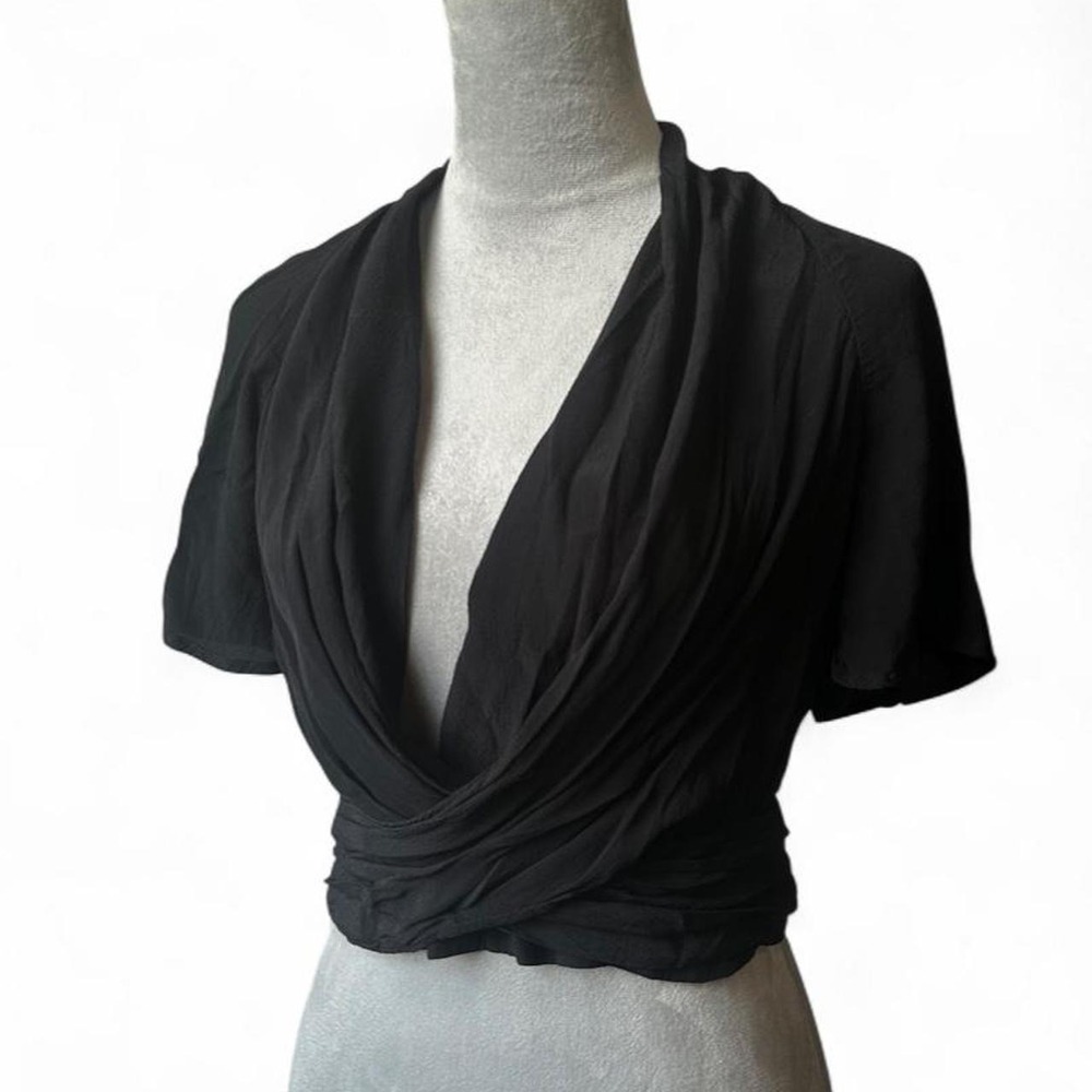Express Black Deep V-Neck Surplice Drape Front Wrap Crop Top Short Sleeve